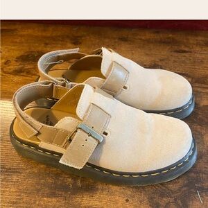 Dr. Martens Beige Suede Buckle Clog Sandals - Oxford